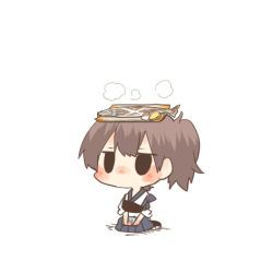 Rule 34 | 10s, 1girl, black eyes, blush, brown hair, chibi, fish, fish (food), food, food on head, grilled fish, kaga (kancolle), kantai collection, lowres, object on head, plate, rebecca (keinelove), short hair, side ponytail, sitting, smoke, solo