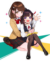 Rule 34 | 2girls, :d, ahoge, black dress, black footwear, black skirt, blazer, blue eyes, blush, bow, brown eyes, brown footwear, brown hair, brown jacket, brown thighhighs, collared shirt, commentary request, dress, hair ornament, hairclip, highres, interlocked fingers, jacket, loafers, long sleeves, multiple girls, neck ribbon, official art, open clothes, open jacket, open mouth, original, outstretched arm, pleated skirt, red bow, red eyes, red legwear, red ribbon, ribbon, shirt, shoes, simple background, sitting, skirt, sleeveless, sleeveless dress, sleeves past wrists, smile, socks, sparkle, thighhighs, white shirt, yuu (higashi no penguin)