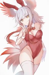 Rule 34 | 1girl, absurdres, alternate costume, animal ears, bare shoulders, bird girl, bird tail, bird wings, blunt bangs, bow, bowtie, commentary, cowboy shot, detached collar, fake animal ears, head wings, highres, japanese crested ibis (kemono friends), kemono friends, leotard, long hair, looking at viewer, mitorizu 02, multicolored hair, playboy bunny, red bow, red bowtie, red hair, red leotard, sidelocks, sleeve cuffs, solo, strapless, strapless leotard, tail, thighhighs, v, white hair, white thighhighs, wings, yellow eyes