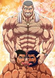 Rule 34 | 3boys, abs, bara, beard, blush, censored, erection, facial hair, gasheckman, glasses, group sex, hand on head, licking, male focus, mmm threesome, multiple boys, muscular, nude, original, pectorals, penis, threesome, tongue, tongue out, towel, yaoi