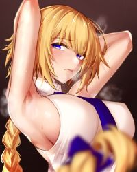 Rule 34 | armpits, arms up, blonde hair, blue bow, blush, bow, braid, braided ponytail, breasts, brown background, collar, dark background, fate/grand order, fate (series), hair bow, jeanne d&#039;arc (fate), large breasts, lips, long hair, presenting armpit, purple eyes, sideboob, sidelocks, sleeveless, steam, steaming body, sweat, yoshimoto (carpsukidayo)