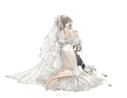 Rule 34 | 1girl, absurdres, ass, back, barefoot, bouquet, bridal veil, brown hair, chinese commentary, closed mouth, commentary request, crossed ankles, dress, feet, flower, from behind, full body, girls&#039; frontline, hair between eyes, hair flower, hair ornament, highres, kneeling, long hair, looking at viewer, looking back, mole, mole under eye, off-shoulder dress, off shoulder, red eyes, simple background, soles, solo, sp9 (drifting snow) (girls&#039; frontline), sp9 (girls&#039; frontline), strapless, strapless dress, stribog sp9, toes, veil, very long hair, wedding dress, weibo watermark, white background, white dress, white flower, youamo
