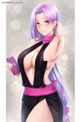 Rule 34 | 1girl, bag, bare shoulders, black dress, blush, border, bracelet, breasts, cleavage, collarbone, dress, earrings, fate/stay night, fate (series), forehead, glasses, grey background, hand in own hair, handbag, hoop earrings, jewelry, large breasts, long hair, looking at viewer, low-tied long hair, medusa (fate), medusa (rider) (fate), parted bangs, parted lips, purple eyes, purple hair, rei kun, sash, smile, solo, sparkle, very long hair, white border