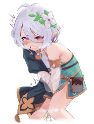 Rule 34 | 1girl, bent over, blush, clenched teeth, embarrassed, highres, hunched over, kokkoro (princess connect!), okpriko, peeing, peeing self, pointy ears, short hair, solo, teeth, white hair