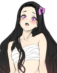 Rule 34 | 1girl, black hair, blush, bow, collarbone, flat chest, hair bow, kamado nezuko, kimetsu no yaiba, long hair, looking at viewer, open mouth, pink bow, pink eyes, sarashi, simple background, sketch, solo, upper body, very long hair, white background, zucchini
