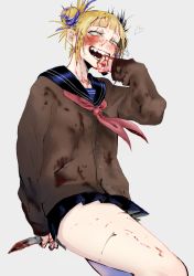 Rule 34 | 10s, 1girl, blonde hair, blood, blood on clothes, blood on face, bloody knife, bloody weapon, blunt bangs, blush, boku no hero academia, cardigan, double bun, fangs, hair bun, highres, holding, holding knife, knife, m09 toro, messy hair, open mouth, school uniform, serafuku, skirt, solo, toga himiko, weapon, yellow eyes