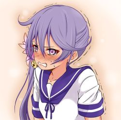 Rule 34 | 10s, 1girl, akebono (kancolle), bell, blush, clenched teeth, commentary request, flower, hair bell, hair between eyes, hair flower, hair ornament, kantai collection, purple eyes, purple hair, sailor collar, sailor shirt, shino (ponjiyuusu), shirt, short sleeves, side ponytail, solo, sweat, teeth, trembling, upper body