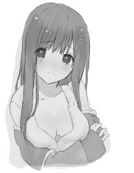 Rule 34 | 1girl, breasts, closed mouth, collarbone, greyscale, hair ornament, hairclip, long hair, looking at viewer, monochrome, pirorr, simple background, solo, sophia esteed, star ocean, star ocean till the end of time, tearing up, white background