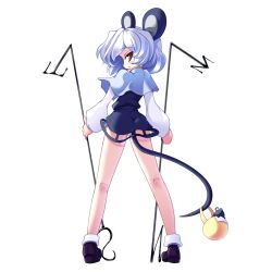 Rule 34 | 1girl, animal ears, ass, basket, dowsing rod, female focus, highres, kneepits, looking at viewer, looking back, md5 mismatch, mouse (animal), mouse ears, mouse tail, nazrin, panties, red eyes, short hair, simple background, solo, tail, torisan, touhou, underwear, white background, white hair