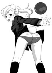Rule 34 | 1girl, animal ears, ass, ball, blush, boots, greyscale, jacket, kyogoku shin, long hair, looking back, martina crespi, military, military uniform, monochrome, open mouth, pam pam, panties, ponytail, smile, soccer ball, solo, strike witches, strike witches: kurenai no majo-tachi, tail, underwear, uniform, world witches series