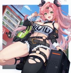 1girl :3 absurdres bare_shoulders black_jacket black_shorts black_thighhighs blue_sky blush border breasts briefcase clothing_cutout commentary_request crop_top green_eyes hair_ornament hairclip highres holding holding_briefcase jacket kneeling large_breasts long_hair long_sleeves looking_at_viewer micro_shorts mixed-language_commentary mole mole_under_eye nicole_demara open_mouth outside_border p1n pink_hair shorts shoulder_cutout single_thighhigh sky smile solo thighhighs thighs two_side_up v vending_machine white_border zenless_zone_zero