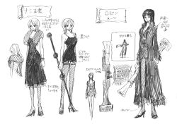 Rule 34 | 2girls, bracelet, breasts, character sheet, cleavage, dress, formal, full body, fur trim, holding, holding weapon, jewelry, monochrome, multiple girls, multiple views, nami (one piece), navel, necklace, nico robin, official art, one piece, one piece: strong world, shoulder tattoo, smile, tattoo, translation request, weapon, wide hips