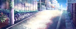 Rule 34 | blue sky, building, city, clear sky, commentary request, day, fence, flower, grass, manatsu no yo no inmu, no humans, no parking sign, outdoors, red flower, road, road sign, rock, scenery, sign, sky, traffic mirror, tyb (inmu), utility pole, wall, yellow flower