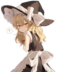 Rule 34 | 1girl, apron, back bow, black hat, black skirt, black vest, blonde hair, blush, bow, braid, clenched teeth, closed mouth, commentary request, covering breasts, covering privates, embarrassed, eyelashes, feet out of frame, frilled apron, frills, furrowed brow, hair between eyes, hair ribbon, hat, highres, jill 07km, kirisame marisa, long hair, looking at viewer, ribbon, sash, shirt, simple background, single braid, skirt, solo, spoken squiggle, squiggle, standing, tearing up, tears, teeth, torn apron, torn clothes, torn sleeves, touhou, tress ribbon, vest, white apron, white background, white sash, white shirt, witch hat, yellow eyes