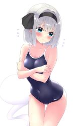 1girl bare_shoulders black_hairband blue_eyes blunt_bangs blush bob_cut breasts closed_mouth collarbone competition_school_swimsuit covered_navel cowboy_shot crossed_arms dot_nose double-parted_bangs embarrassed hairband highres konpaku_youmu konpaku_youmu_(ghost) looking_to_the_side medium_breasts one-piece_swimsuit school_swimsuit shishiky short_hair sidelocks simple_background solo sweat swimsuit touhou white_background