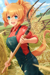 Rule 34 | 1girl, alternate costume, blue eyes, blurry, blurry foreground, blush, breasts, collared shirt, fence, grass, hay, highres, holding, holding pitchfork, horse girl, horse tail, kaniyamo, lens flare, looking at viewer, open mouth, orange hair, outdoors, overalls, pitchfork, ponytail, red shirt, shirt, sleeves rolled up, small breasts, smile, solo, standing, sweat, taiki shuttle (umamusume), tail, torn clothes, tree, umamusume