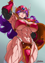 Rule 34 | 1girl, arm up, armor, armpit crease, armpits, ass, bikini armor, blue eyes, breasts, cowboy shot, dragon quest, dragon quest iii, elbow gloves, gloves, helmet, huge breasts, lips, long hair, muscular, muscular female, numahana, purple hair, red armor, shield, soldier (dq3), standing, sword, thick thighs, thighs, underboob, weapon, winged helmet