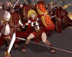 Rule 34 | 1girl, armor, army, arrow (projectile), battle, blonde hair, circle a, green eyes, group picture, group profile, helmet, legionnaire, lineup, original, planted, planted arrow, polearm, profile, roman empire, rome (city), sandals, shield, soldier, spear, sword, war, weapon
