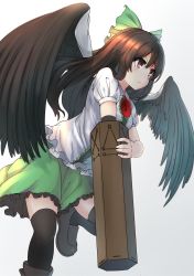 Rule 34 | 1girl, absurdres, arm cannon, asymmetrical footwear, black footwear, black thighhighs, black wings, bow, brown eyes, brown hair, cape, closed mouth, commentary request, feathered wings, green bow, green skirt, grey background, hair bow, highres, isemori, leaning forward, leg up, long hair, looking afar, miniskirt, mismatched footwear, puffy short sleeves, puffy sleeves, reiuji utsuho, serious, shirt, shoes, short sleeves, simple background, skirt, solo, thighhighs, third eye, touhou, weapon, white shirt, wings, zettai ryouiki