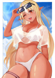 Rule 34 | 1girl, absurdres, arm behind back, arm up, bikini, blonde hair, blue sky, breasts, cleavage, cloud, commentary request, cowboy shot, dark-skinned female, dark skin, day, eyewear lift, eyewear on head, halterneck, highres, hololive, hololive fantasy, large breasts, lifting own clothes, long hair, looking at viewer, navel, omotsuka 0, one eye closed, open mouth, outdoors, pointy ears, rectangular eyewear, red eyes, see-through, shiranui flare, sky, solo, standing, stomach, sunglasses, sweat, swimsuit, swimsuit cover-up, thigh strap, thighs, upper body, very long hair, virtual youtuber, white bikini