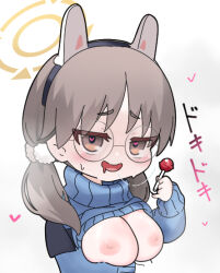 Rule 34 | 1girl, animal ears, blue archive, breasts, brown eyes, candy, clothes lift, food, glasses, halo, heart, heart-shaped pupils, large breasts, light brown hair, lollipop, low twintails, mechanical ears, moe (blue archive), nyaru (nyaru 4126), rabbit ears, saliva, saliva trail, shirt lift, simple background, sweater, symbol-shaped pupils, turtleneck, turtleneck sweater, twintails, white background