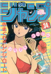 Rule 34 | 1girl, ayukawa madoka, bikini, blue eyes, cover, highres, kimagure orange road, magazine cover, matsumoto izumi, retro artstyle, scan, solo, swimsuit