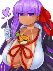 Rule 34 | 1boy, 1girl, bb (fate), between breasts, bikini tan, black skirt, bow, breasts, chibi, chibi inset, cleavage, collarbone, collared coat, collared shirt, fate/extra, fate/grand order, fate (series), gloves, green eyes, heart, highres, huge breasts, long hair, one eye covered, orange hair, person between breasts, purple eyes, purple hair, red bow, red ribbon, ribbon, robin hood (fate), shiny skin, shirt, skindentation, skirt, steamingtofu, tan, tanline, unbuttoned, unbuttoned shirt, underboob, v, very long hair, wavy mouth, white background, white gloves, white shirt