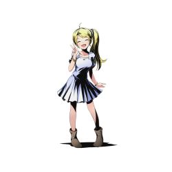 Rule 34 | 10s, 1girl, aged down, ahoge, blonde hair, boots, bracelet, brown footwear, collarbone, divine gate, dress, earrings, closed eyes, full body, hair ornament, hair scrunchie, head tilt, jewelry, long hair, official art, open mouth, pleated dress, scrunchie, side ponytail, solo, standing, transparent background, ucmm, v, white dress
