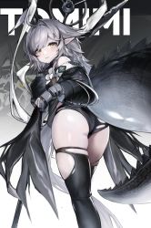 Rule 34 | 1girl, ahoge, arknights, ass, bare shoulders, black thighhighs, breasts, character name, crocodilian tail, flower, from behind, g141, gloves, long hair, long sleeves, looking at viewer, looking back, pointy ears, silver hair, solo, tail, thighhighs, thighs, tomimi (arknights), torn clothes, torn thighhighs, yellow eyes