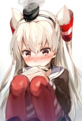 Rule 34 | 1girl, amatsukaze (kancolle), blush, brown eyes, closed mouth, dress, gloves, hair between eyes, hair tubes, hat, kantai collection, knees to chest, knees up, long hair, long sleeves, mini hat, sailor collar, sailor dress, senbei (senbe i), silver hair, simple background, single glove, smoke, smokestack, solo, striped clothes, striped thighhighs, thighhighs, twintails, two side up, white background, white gloves