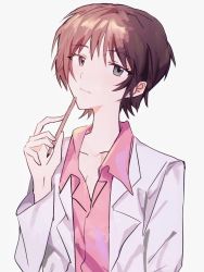 Rule 34 | 1girl, bad id, bad twitter id, brown hair, closed mouth, highres, holding, holding pencil, ikari yui, lab coat, looking at viewer, neon genesis evangelion, pencil, pink shirt, shirt, short hair, simple background, solo, white background, wwei11501
