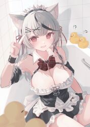Rule 34 | !?, 1girl, alternate costume, animal ears, apron, armpits, bare shoulders, bathtub, black hair, bow, bowtie, braid, breasts, cat ears, cleavage, collarbone, enmaided, fang, frills, grey hair, hair ornament, highres, hololive, large breasts, looking at viewer, maid, maid headdress, medium hair, mimiquilike, multicolored hair, open mouth, red bow, red bowtie, red eyes, rubber duck, sakamata chloe, shadow, solo, streaked hair, v, virtual youtuber, wrist cuffs, x hair ornament