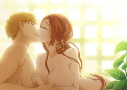 Rule 34 | 1boy, 1girl, 57 (lme piggy117), backlighting, bleach, breasts, brown hair, closed eyes, collarbone, completely nude, couple, hand on another&#039;s neck, happy, inoue orihime, jewelry, kiss, kurosaki ichigo, large breasts, long hair, lying, morning, nude, orange hair, parted bangs, plant, ring, short hair, spiked hair, sunlight, wedding ring, window