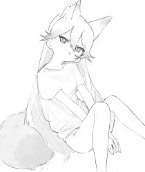Rule 34 | 1girl, :o, alternate costume, animal ear fluff, animal ears, bare legs, between legs, blush, bottomless, casual, closed mouth, extra ears, eyes visible through hair, ezo red fox (kemono friends), feet out of frame, fox ears, fox girl, fox tail, from side, furrowed brow, greyscale, groin, hair between eyes, hand between legs, head tilt, highres, kemono friends, knees together feet apart, knees up, kona ming, long hair, looking at viewer, looking to the side, monochrome, no nose, own hands together, parted lips, shirt, short sleeves, simple background, sitting, sketch, solo, t-shirt, tail, tsurime, v-shaped eyebrows, v arms, very long hair, white background