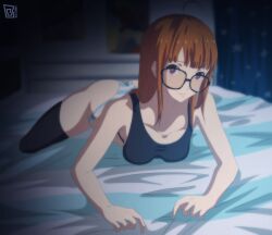 Rule 34 | 1girl, ahoge, arm support, artist logo, ass, bare arms, bed, black-framed eyewear, black tank top, black thighhighs, blunt bangs, breasts, brown hair, closed mouth, collarbone, full body, glasses, heart, heart-shaped pupils, highres, keihh, long hair, looking at viewer, lying, on bed, on stomach, panties, persona, persona 5, purple eyes, sakura futaba, small breasts, solo, straight hair, striped clothes, striped panties, symbol-shaped pupils, tank top, thighhighs, thighs, underwear