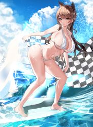 Rule 34 | 1girl, absurdres, animal ears, atago (azur lane), azur lane, bad id, bad pixiv id, bare legs, barefoot, bikini, breasts, brown eyes, brown hair, checkered flag, cleavage, closed mouth, flag, highres, holding, huge filesize, large breasts, long hair, looking at viewer, maanu, navel, ocean, race queen, solo, standing, swimsuit, tagme, thighs, white bikini