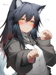 Rule 34 | 1girl, absurdres, animal ears, arknights, black hair, blush, closed mouth, gradient hair, grey jacket, hair between eyes, highres, jacket, long hair, long sleeves, looking at viewer, multicolored hair, red hair, simple background, solo, tab head, tail, texas (arknights), upper body, white background, wolf ears, wolf tail, yellow eyes