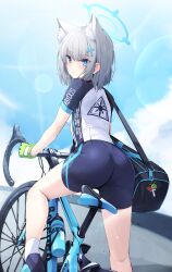 Rule 34 | 1girl, animal ear fluff, animal ears, ass, bag, bicycle, bike shorts, blue archive, blue eyes, blush, ddangbi, from behind, gloves, green gloves, grey hair, hair ornament, halo, highres, looking at viewer, looking back, outdoors, shiroko (blue archive), shiroko (cycling) (blue archive), short sleeves, shoulder bag, solo, thighs