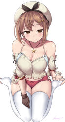 Rule 34 | 1girl, atelier (series), atelier ryza, beret, blush, breasts, brown hair, cleavage, collarbone, cropped shirt, feet, gloves, hat, highres, kasai shin, large breasts, looking at viewer, micro shorts, navel, off-shoulder shirt, off shoulder, red skirt, reisalin stout, shirt, shorts, simple background, single glove, sitting, skindentation, skirt, smile, solo, thighhighs, thighs, toeless legwear, wariza, white background, white hat, white thighhighs