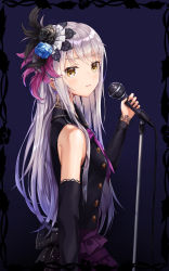 Rule 34 | 1girl, :|, bad id, bad pixiv id, bang dream!, black bow, black dress, black feathers, black flower, blue background, blue flower, bow, closed mouth, collared dress, detached sleeves, dress, earrings, feather hair ornament, feathers, flower, from side, grey hair, hair flower, hair ornament, holding, holding microphone, jewelry, long hair, looking at viewer, lunacle, microphone, microphone stand, minato yukina, purple feathers, purple neckwear, solo, upper body, yellow eyes
