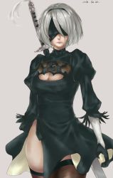 Rule 34 | 1girl, black blindfold, black dress, black hairband, blindfold, breasts, cleavage, cleavage cutout, closed mouth, clothing cutout, covered eyes, dress, feather-trimmed sleeves, gloves, grey background, hairband, highres, juliet sleeves, long sleeves, medium breasts, mole, mole under mouth, nier (series), nier:automata, parusu (ehyfhugj), pink lips, puffy sleeves, silver hair, solo, standing, sword, sword behind back, thighhighs, thighs, vambraces, weapon, 2b (nier:automata)