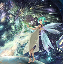 Rule 34 | 1girl, anklet, back, barefoot, dress, fairy, green hair, jewelry, looking at viewer, looking back, mushroom, original, pointy ears, ponzu (catponz), short hair, solo, sparkle, wings