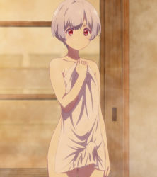 Rule 34 | 1girl, absurdres, bare shoulders, bathroom, collarbone, covering privates, covering breasts, highres, irina ilukhina, naked towel, phallic symbol, red eyes, renai flops, reverse trap, screencap, sexually suggestive, short hair, stitched, thighs, third-party edit, towel, white hair