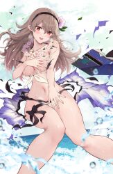 Rule 34 | 1girl, bikini, blush, breasts, bubble, corrin (female) (fire emblem), corrin (female) (summer) (fire emblem), corrin (fire emblem), covering breasts, covering privates, fire emblem, fire emblem fates, fire emblem heroes, flower, grey hair, hair flower, hair ornament, hairband, highres, long hair, looking at viewer, medium breasts, navel, nintendo, nipples, ocean, official alternate costume, open mouth, pointy ears, red eyes, solo, swimsuit, torn bikini, torn clothes, water, wet, white background, white bikini, yuuri (orz commushows)