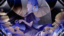 Rule 34 | 1girl, black dress, blue hair, breasts, ciel (kamitsubaki studio), closed mouth, collar, collared dress, commentary request, dress, flower, frilled collar, frills, from side, grey eyes, hair between eyes, hair ornament, hand up, head tilt, holding, holding umbrella, jewelry, kamitsubaki studio, lace, leaf, looking at viewer, medium hair, necklace, pendant, plant, sideways glance, small breasts, solo, transparent, transparent umbrella, umbrella, upper body, virtual youtuber, yoggi (stretchmen)