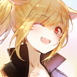 Rule 34 | 1girl, ;d, animal ears, warrior of light (ff14), bad id, bad pixiv id, black jacket, blonde hair, blue background, brown background, cat ears, collarbone, facial mark, fang, final fantasy, final fantasy xiv, gradient background, hair over one eye, high collar, jacket, long hair, looking at viewer, maya g, miqo&#039;te, one eye closed, open mouth, ponytail, portrait, red eyes, slit pupils, smile, solo