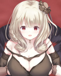 Rule 34 | 1girl, azur lane, black dress, blonde hair, breasts, breasts squeezed together, brown hat, cleavage, dress, drill hair, drill sidelocks, hat, highres, huge breasts, jewelry, kisuish, large breasts, looking at viewer, luetzow (azur lane), luetzow (everlasting blood banquet) (azur lane), mini hat, necklace, official alternate costume, red background, red eyes, sidelocks, simple background, solo, upper body