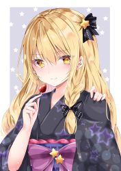 Rule 34 | 1girl, alternate costume, black bow, black kimono, blonde hair, border, bow, braid, closed mouth, food, grey background, hair bow, hair ornament, highres, holding, holding food, japanese clothes, kimono, kirisame marisa, long hair, long sleeves, looking at viewer, nanase nao, purple bow, side braid, single braid, smile, solo, star (symbol), star hair ornament, starry background, touhou, upper body, white border, wide sleeves, yellow eyes