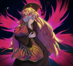 Rule 34 | 1girl, angry, arm under breasts, black dress, blonde hair, breasts, chinese clothes, disapproving stare, dress, from below, frown, glaring, glowing, glowing eyes, hat, highres, junko (touhou), large breasts, long hair, long sleeves, nail polish, red eyes, red nails, revenge (vengerezn), shaded face, solo, tabard, touhou, very long hair, wide sleeves