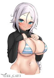 Rule 34 | 1girl, :d, absurdres, bikini, blue bikini, blue eyes, braid, clothes lift, highres, kantai collection, lifting own clothes, long hair, looking at viewer, mole, mole under eye, navel, open mouth, shirt lift, single braid, smile, solo, striped bikini, striped clothes, swimsuit, tf cafe, twitter username, umikaze (kancolle), upper body, very long hair, white hair